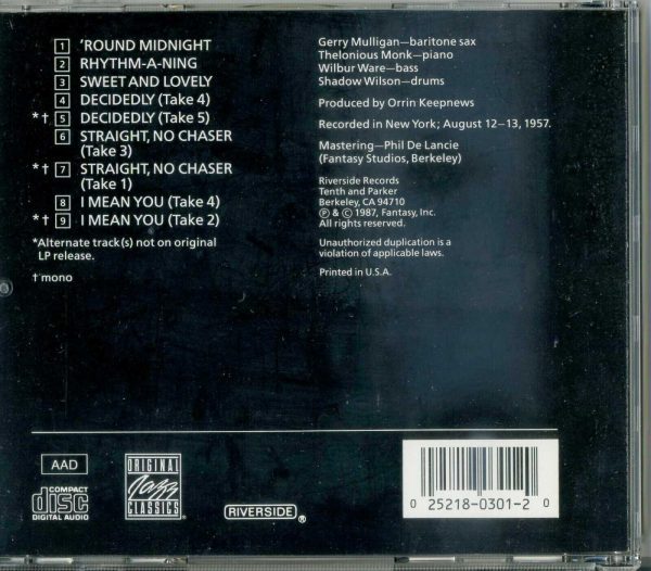 GERRY MULLIGAN - MULLIGAN MEETS MONK - CD - LIKE NEW - Image 3