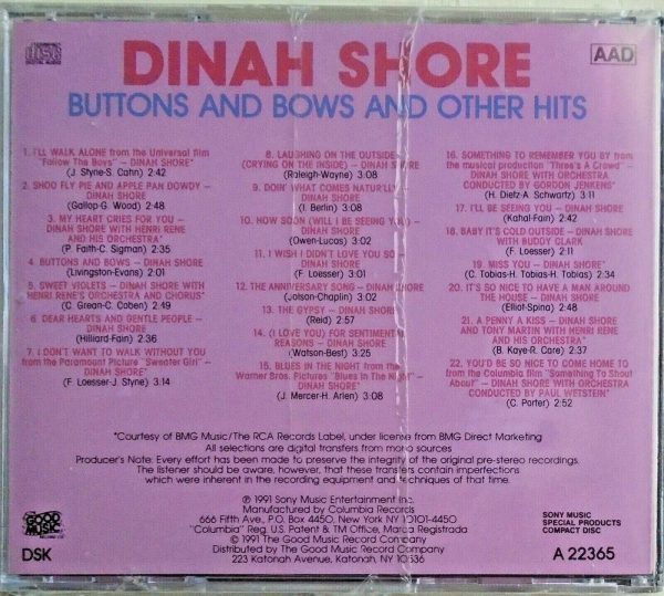 DINAH SHORE - CD - Buttons & Bows - BRAND NEW - Image 3