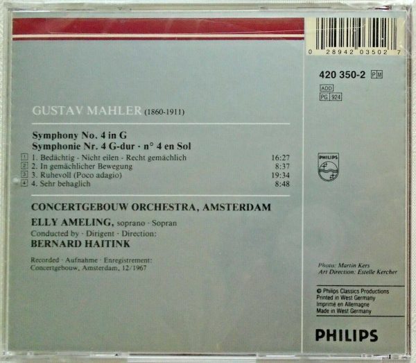 MAHLER - Symphony No. 4 - CD - Elly Ameling - BERNARD HAITINK - BRAND NEW - Image 3