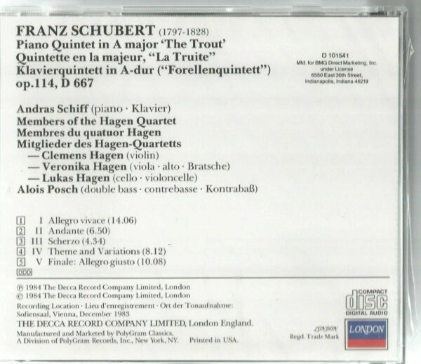 Schubert:"Trout" Quintet CD - Brand New - Image 3
