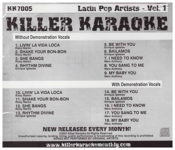 KILLER KARAOKE - Latin Pop Artists - Vol. 1 - Brand NEW - CD - Image 3