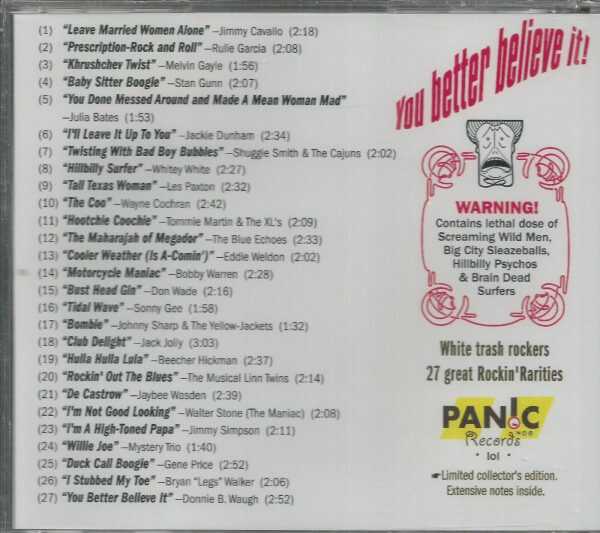 YOU BETTER BELIEVE IT - White Trash Rockers 1955-69   27 Tracks on Panic Label - Image 3