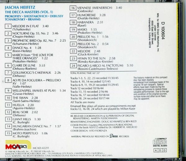 JASCHA HEIFFETZ - THE DECCA MASTERS - VOL 1 - CD - LIKE NEW - Image 3