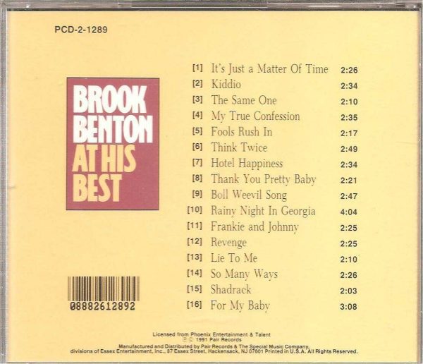 Brook Benton CD- At His Best   Brand New   16 Tracks on Pair Label